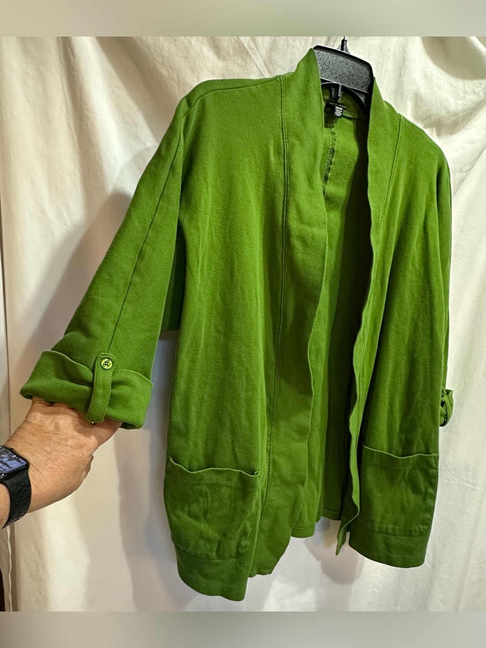 Rafaella Open-Front Green Cardigan Jacket with 3/4 button up sleeves.